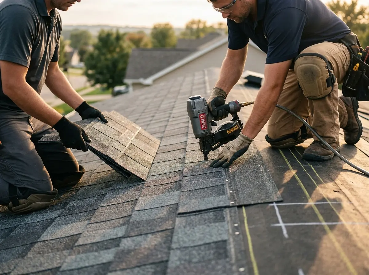 Professional roofer working on a residential roof in Shaker Heights